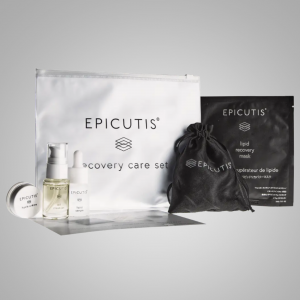 A picture of the Epicutis Post-procedure set which shows a white plastic bag, a satin looking small bag with a small size Epicutis oil cleanser, lipid serum, hyvia cream and a lipid recovery mask