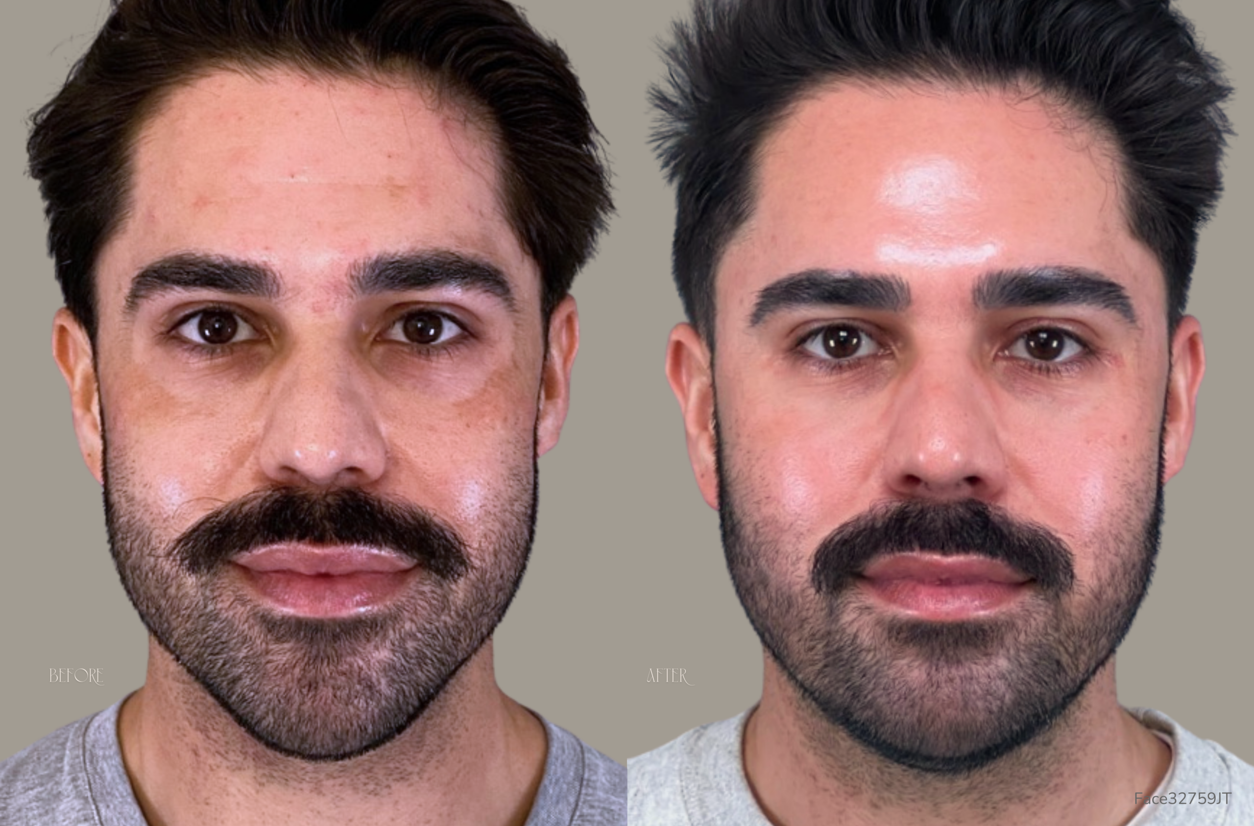 a before and after photo of a male with a mustache and beard